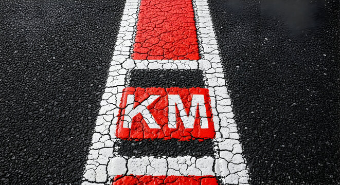 Kilometer Marker On Weathered Asphalt Road Surface Indicates Distance