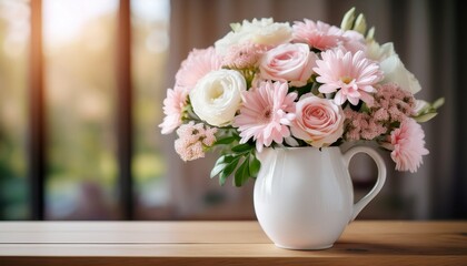 a delicate bouquet of pale pink and white flowers arranged in a simple white vase on a wooden surface with a softly blurred background