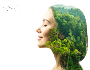 Double Exposure Portrait of Peaceful Woman with Forest Overlay – Mental Wellness Concept