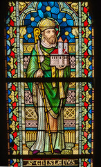 Stained Glass &ndash; Saint Ghislain Holding a Church, Rochefort Church, Belgium