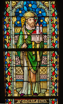 Stained Glass &ndash; Saint Ghislain Holding a Church, Rochefort Church, Belgium