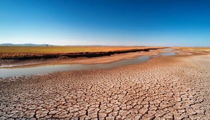 Fototapeta premium expansive arid landscape with a receding waterline and deep soil fissures surrounded by yellowed vegetation and clear sky concept of drought climate crisis and environmental degradation