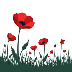 Obraz premium Red poppy flowers growing in a field with green grass on a light background as a symbol of remembrance of those killed in the wars of the 1st and 2nd World Wars