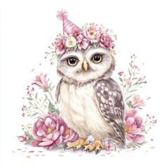 Fototapeta premium Cute baby owl wearing a floral crown and birthday hat, looking forward with pastel colors on a white background