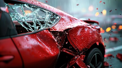 A red car with a shattered window and body damage, likely from an accident, on a rainy road.