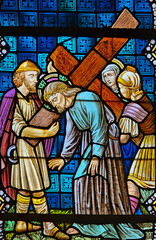 Stained Glass – Simon of Cyrene Helps Jesus Carry the Cross, Rochefort Church, Belgium