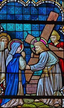 Stained Glass &ndash; Jesus Meets His Mother, Rochefort Church, Belgium