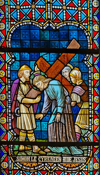 Stained Glass &ndash; Simon of Cyrene Helps Jesus Carry the Cross, Rochefort Church, Belgium