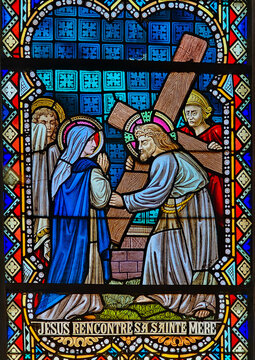 Stained Glass &ndash; Jesus Meets His Mother, Rochefort Church, Belgium