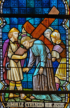 Stained Glass &ndash; Simon of Cyrene Helps Jesus Carry the Cross, Rochefort Church, Belgium