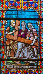 Stained Glass – Jesus Falls the Second Time, Rochefort Church, Belgium
