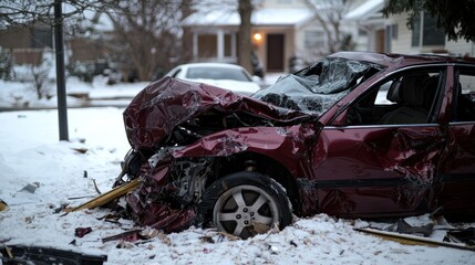 Fototapeta premium A maroon car is severely damaged after a collision, sitting in the snow near a residential area.