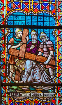Stained Glass &ndash; Jesus Falls the Second Time, Rochefort Church, Belgium