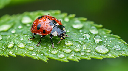 Fototapeta premium Close-up of a ladybug on a leaf covered in raindrops in nature