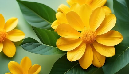 Fototapeta premium bright yellow flowers with green leaves on soft background