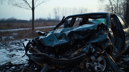 Wrecked car after an accident, with extensive damage to the front end, set in a snowy, desolate landscape.