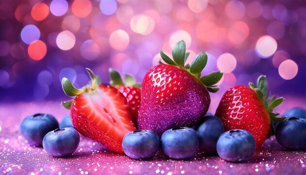 vibrant glitter covered strawberries and blueberries glisten against a sparkling purple and pink bokeh background creating a whimsical effect