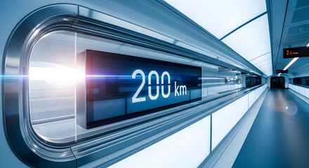 Modern Fast Train Interior With Digital Display Speedometer 200 km per Hour