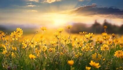 Obraz premium a tranquil scene featuring light yellow wildflowers blooming in a sunlit field under a glowing sky