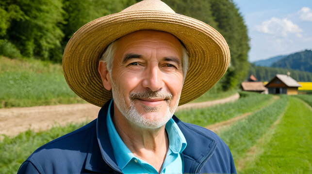 Portrait Herzhaft lachender Landwirt mit Strohhut und Vollbart