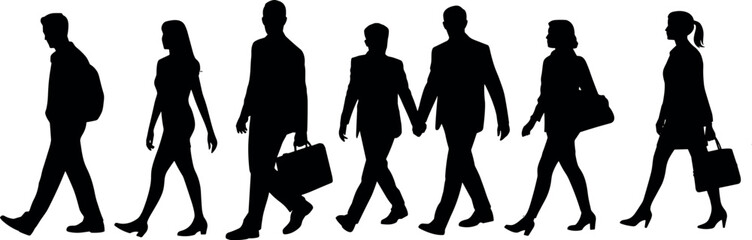 Silhouettes of Business People Walking, Commuting to Work, Professional Attire, Corporate Environment, Urban Office Workers, Business Professionals, Morning Rush Hour