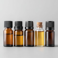 Bottles of Essential Oils on Gray Background for Wellness and Aromatherapy