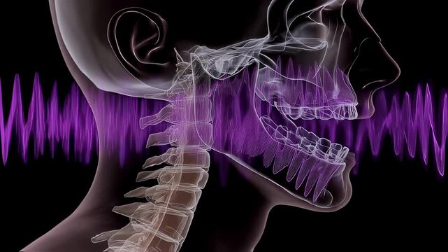 Side view medical animation showing soft palate producing rhythmic purple wave patterns as air passes through throat during snoring.