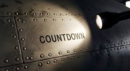 Obraz premium Industrial Countdown Illuminated Under Spotlight On Riveted Metal Plate Surface