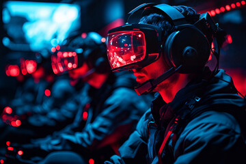 Team of gamers immersed in virtual reality competition in futuristic neon gaming arena
