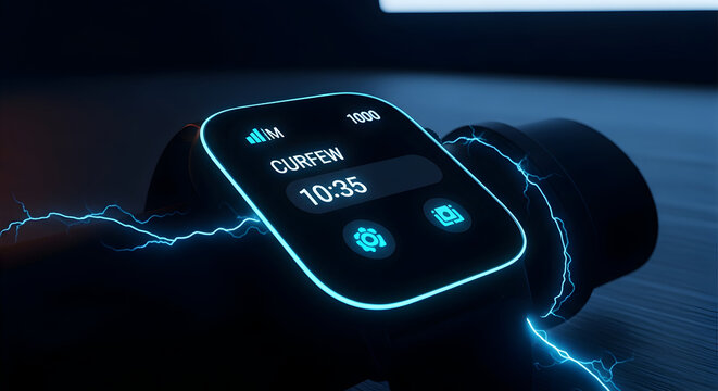 Modern Smartwatch Displaying Curfew with Futuristic Electric Visualization Effects