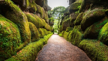 a mystical pathway lined with moss covered rocks