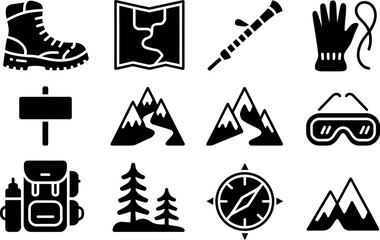 Vector Hiking and Camping Equipment Icons: Black Glyph Style