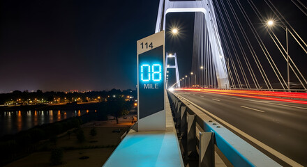 Modern Suspension Bridge At Night With Illuminated Digital Distance Marker