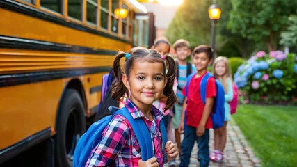 School children, yellow bus, back to school, morning routine, lined up students, backpacks on, education journey, happy kids, first day, elementary age group