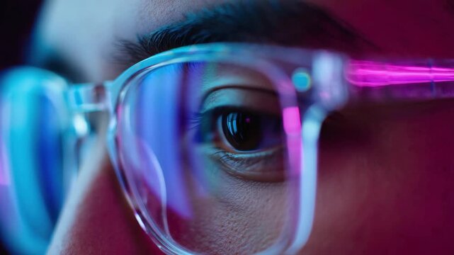 Close-up eye, computer screen reflection, glasses at night, digital focus, technology usage, neon lighting, screen time, tech lifestyle, cyber glow, modern vision