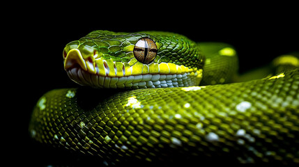 Close-up of a vibrant green snake resting on a dark background