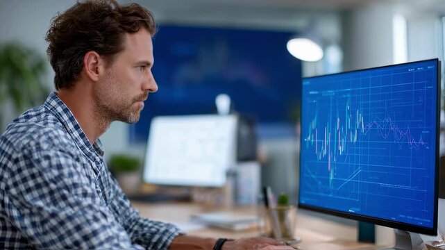 Focused actuary using statistical software to review mortality and hazard rate data optimizing actuarial models for insurance underwriting in a bright workspace environment.