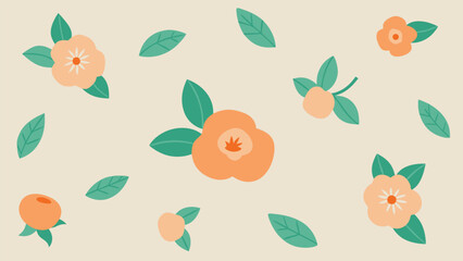Beautiful floral pattern with peach flowers and green leaves on a cream background