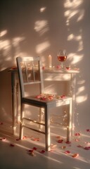 A minimalist still life of a white chair and table, adorned with rose petals, candlelight, and a glass of wine. Soft, warm lighting casts delicate shadows