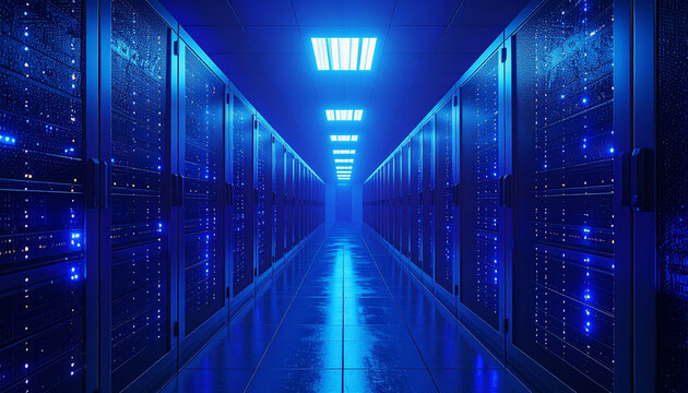 Digital Gateway: A modern data center hallway, aglow with a cool blue hue, symbolizing the heart of digital connectivity and data storage. The perspective of the shot adds an intriguing depth.