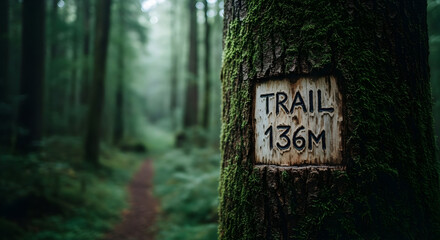 Moody Forest Path Sign Displaying Trail Distance In The Verdant Wilderness
