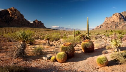 cacti and barrel succulents in a desert landscape with rocky formations and sparse vegetation desert flora and arid environment cacti and drought resistant plants in natural habitat