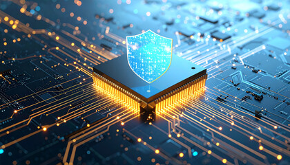 Cyber Security Shield: A close-up view of a computer chip is overlaid with a digital shield, illustrating the concept of security, protection, and technological advancement in the digital age.
