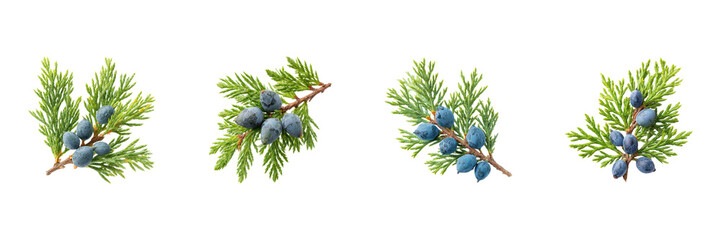 Juniper Berries And Branches Set. Aromatic And Culinary Ingredient Collection Isolated On Transparent Background