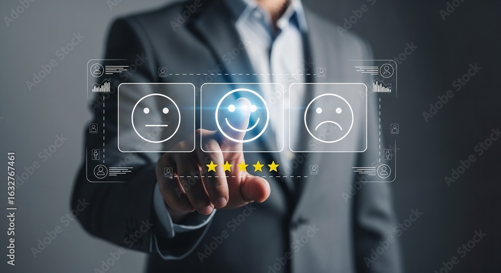 Poster a businessman in a suit pointing to a happy face icon for a five-star rating on a complex futuristic