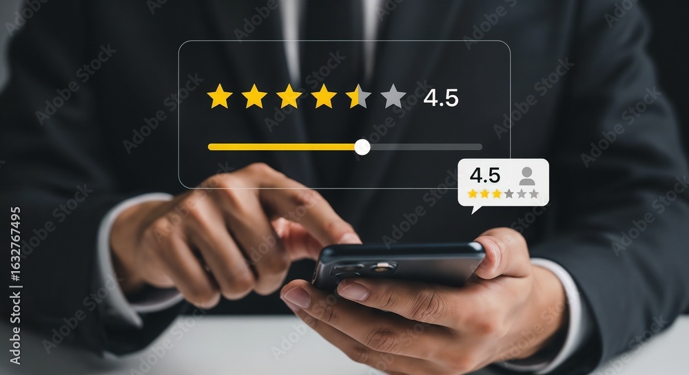 Poster close-up of a person in a suit using a smartphone to leave a 4.5-star rating on a virtual review int