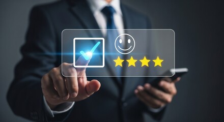 A businessman in a suit using a smartphone, with his other hand pointing to a virtual interface showing a checkmark and a five-star rating with a smiley face, concept for customer review and satisfact