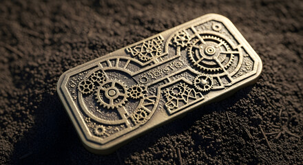 Fototapeta premium Metallic Gearwork Emblem Resting on Dark Earth with Ornate Details