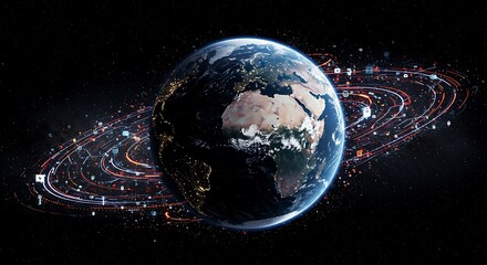 Earth Globe with Data Communication Network Orbiting in Space