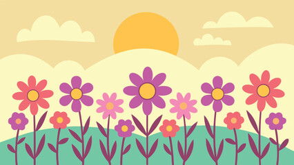Colorful floral field with sun and clouds in a simple flat design illustration